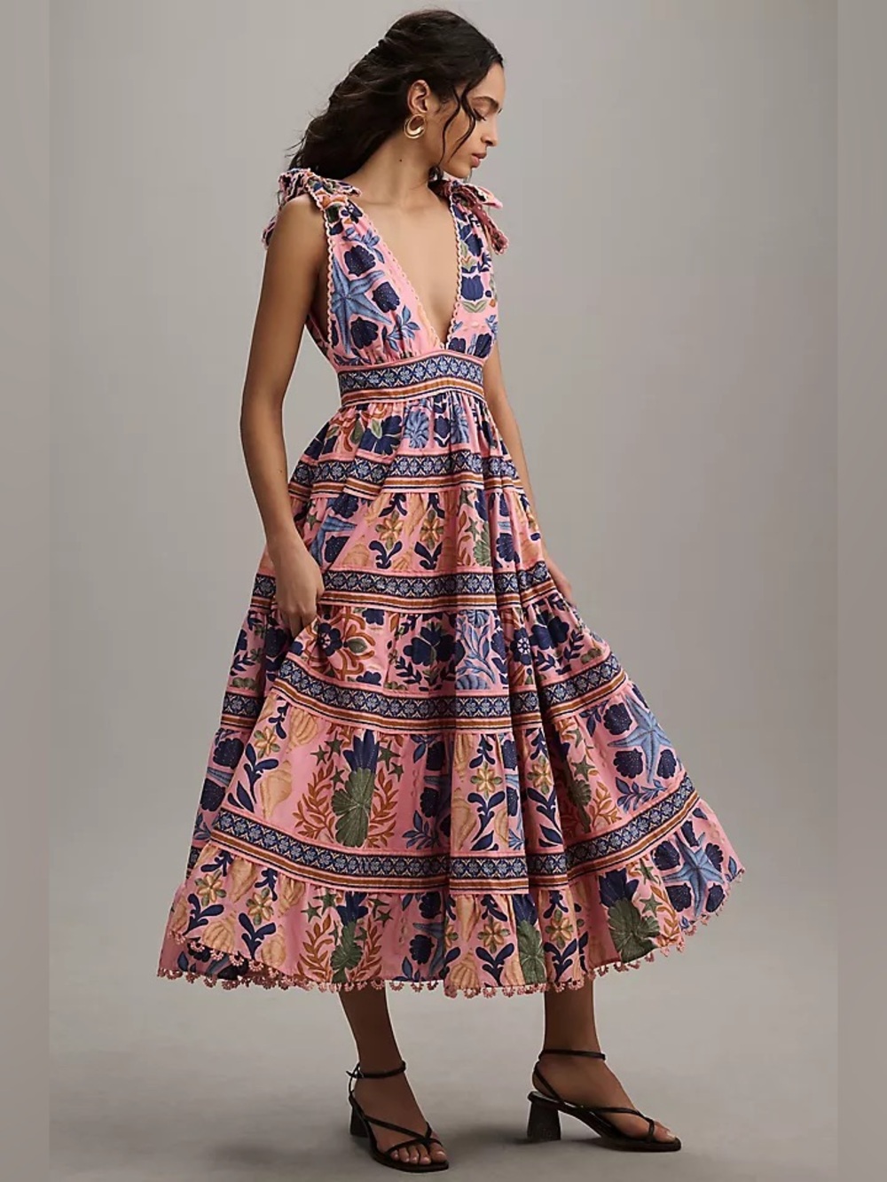NWT Farm Rio Seashell Tapestry Tiered Midi Dress